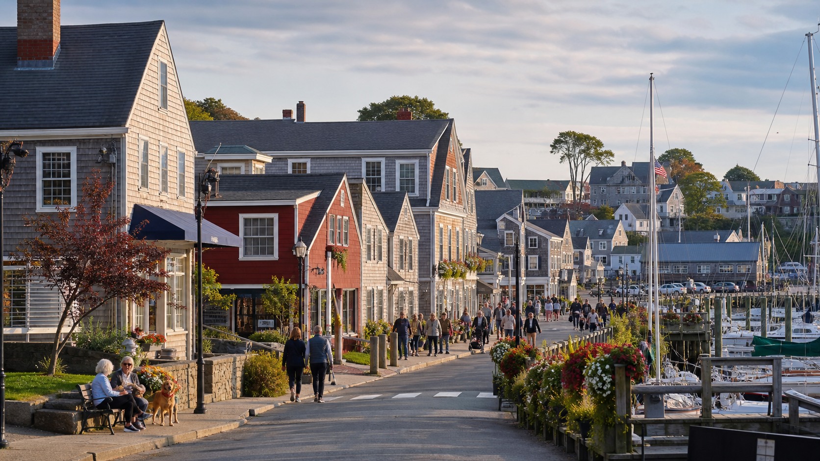 Coastal New England main street beside a working harbor and independent shops